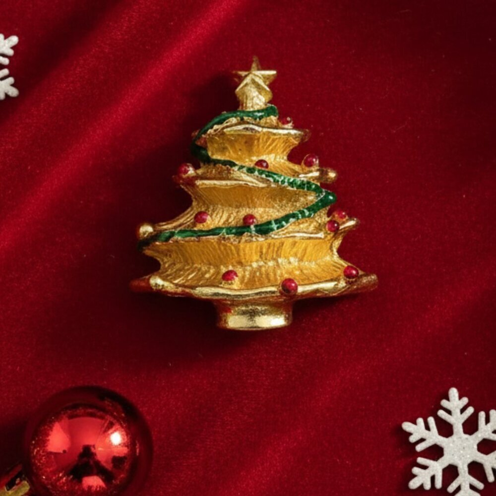 Vintage Brooch Gold Tone Holiday Christmas Tree Pin Brooch Green Red Enamel C60 - Picture 3 of 11